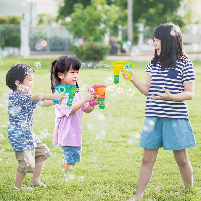 ArtCreativity 3 Pack Friction Powered Light Up Bubble Blaster Guns, Includes LED Bubbles Guns and 6 Bottles Fluid, Outdoor, Indoor Fun Gift Idea, Summer Party Favors (No Batteries Needed)