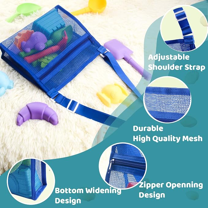 MUYIZI Beach Mesh Shovel with Mesh Beach Bag for Shell Collecting, Kids Sand Sifter for The Beaches,Shell Scooper for Beaches,Shark Tooth Sifter Dipper,Sea Shell Bags for Kids (Sapphire Blue+Black)