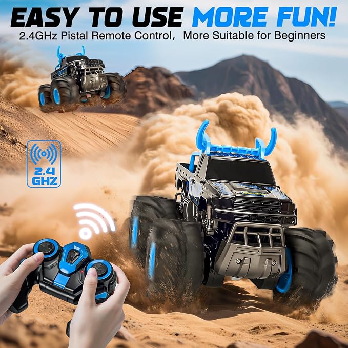 Lacchoufee 1:16 Waterproof Monster Truck Toys RC Cars, 2.4GHz Remote Control Truck for Kids Boy Ages 8,9,10,11,12 Years Old, 4WD All Terrain Off-Road with LED Lights RC Boat for Boy Girl Birthday Gift