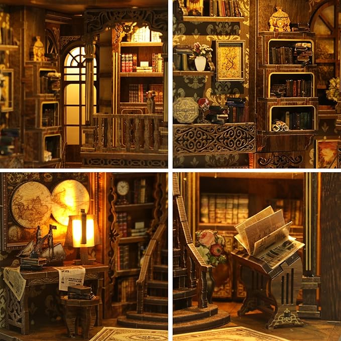 Book Nook Kit, DIY Miniature House Kit, Mini House Building Kit, Miniature Dollhouse Kit for Adults and Teens, 3D Wooden Puzzles with LED Light, Bookshelf Craft Kit (Ancient Book Collection Room)