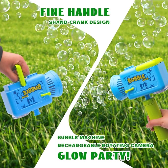 Camera Bubble Machine,Large Capacity Automatic 360° Rotation Kids Bubble Blower with Music&Lights, Rechargeable Portable Kids Bubble Toys for Indoor,Outdoor,Birthday,Patry & Wedding (Blue)