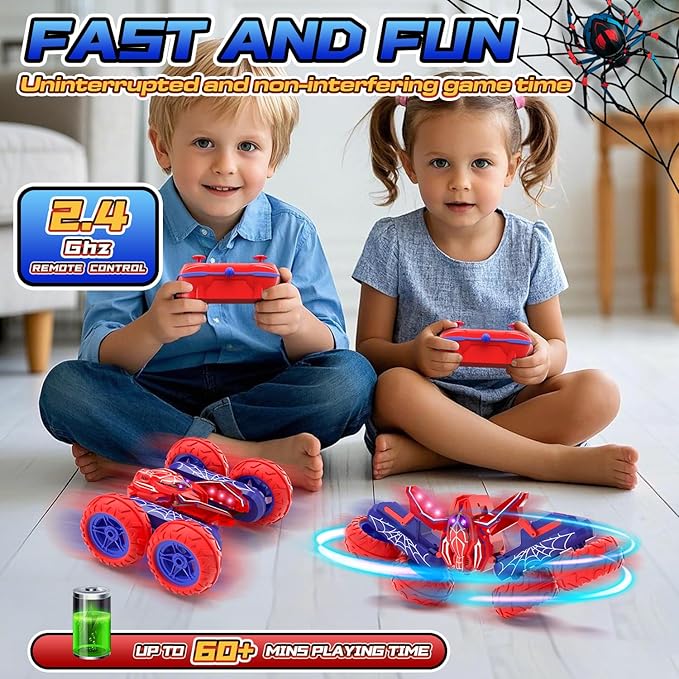 Spider Remote Control Cars for Boys 4-7, 360° Spinning RC Stunt Car with 2 Batteries Cool Lights Toys Birthday Gift for Boys 4 5 6 7 8 9 10 11 12 Year Old
