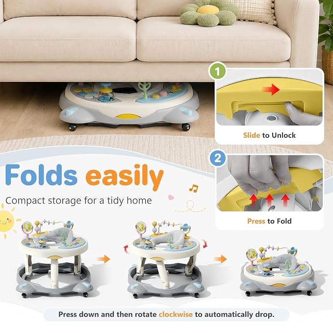 Baby Walker with Wheels, Foldable Baby Walker for Baby 6-12 Months, 3-Position Rotating Seat with Interactive Activity Center, Music Buttons, Baby Walkers for Boys Girls(Blue)