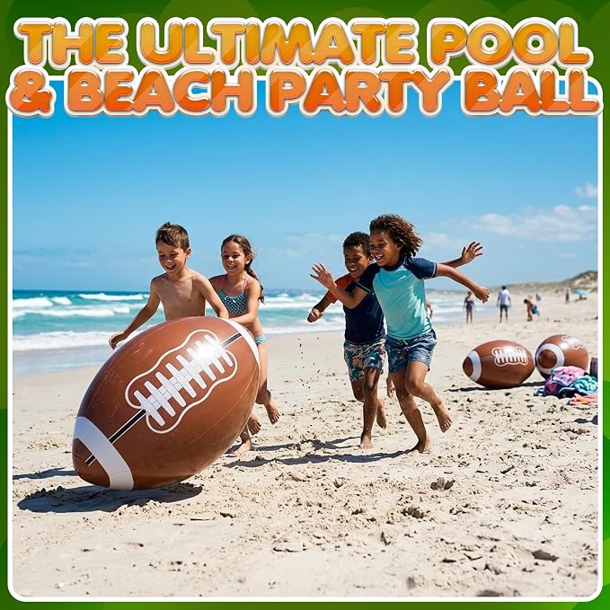 24-Inch Giant Beach Balls - (3-Pack) Inflatable Football Beach Balls - Extra Large Blow-Up Pool Balls for Kids, Summer Pool Toys, Football Party Decorations & Sports Theme Decorations