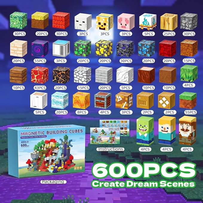 Magnetic Blocks - 600 PCS Magnetic Building Blocks Cubes, Magnet Toys for Kids Age 3+, Toy Building Set for Kids, Magnets Stacking Construction Easter Birthday Gifts for Boys Girls Age 4-8, 8-12