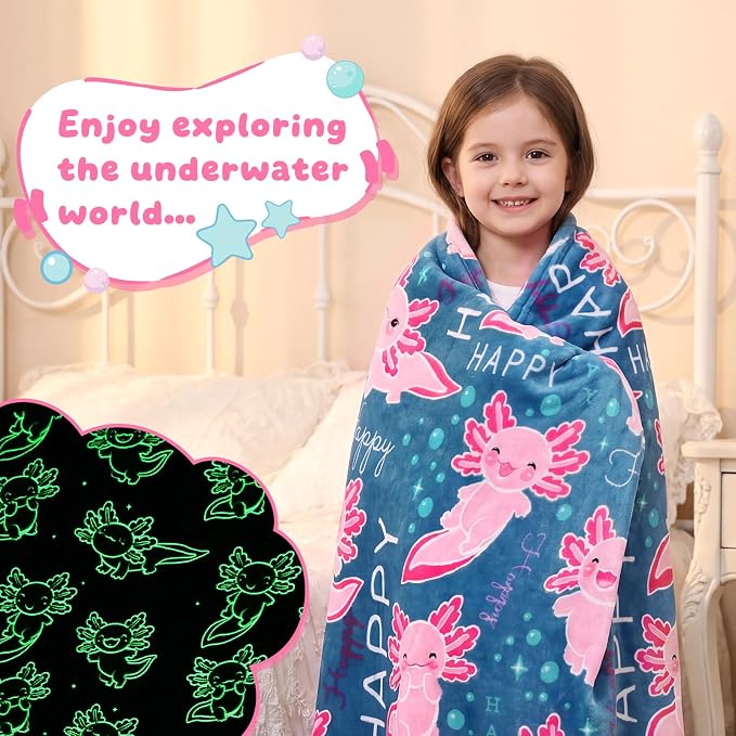 ORDM Axolotl Gifts for Girls Blanket, Glow in The Dark Blanket Axolotl Toy, Birthday Gifts for Teen Girls, Kids Toddler Cute Salamander Room Decor 60"x80"