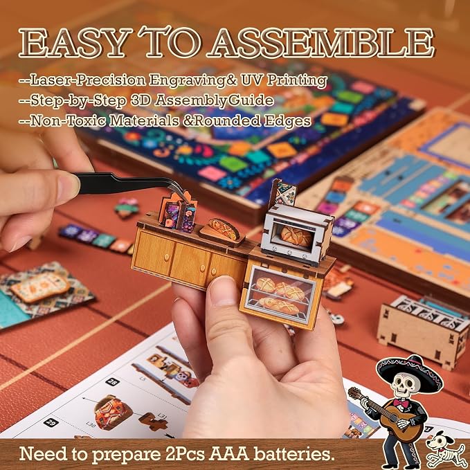 Cutefun Book Nook Kits for Adults, Mexican Art & Culture DIY Miniature House Dollhouse Bookend, 3D Wooden Puzzle with LED for Bookshelf Insert Decor, Creative Gifts for Teens (Plaza de Los Muertos)