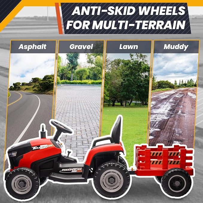JOYRACER 24V Ride On Tractor for Kids, Ride on Toys w/400W Motors, Tiltable & Detachable Trailer, Adjustable Seat, Bluetooth, Music, Remote Control Electric Tractor Car for Kids, Red
