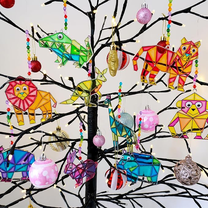 Winlyn 24 Sets Jungle Animal Suncatcher Decorations DIY Window Paint Art Craft Kits Safari Animal Sun Catchers Rainbow Painting Kit for Kids Classroom Activities Summer Camping VBS Party Art Project
