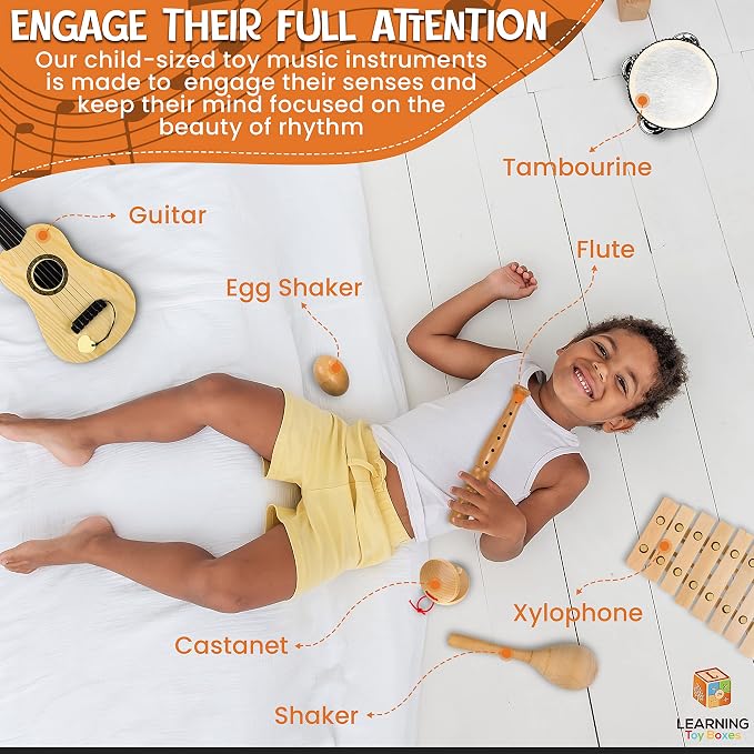 Wooden Musical Instruments for Toddlers – 7-Piece Kids Music Set with Xylophone, Guitar & Percussion | Natural Wood, Non-Toxic | Ages 3+