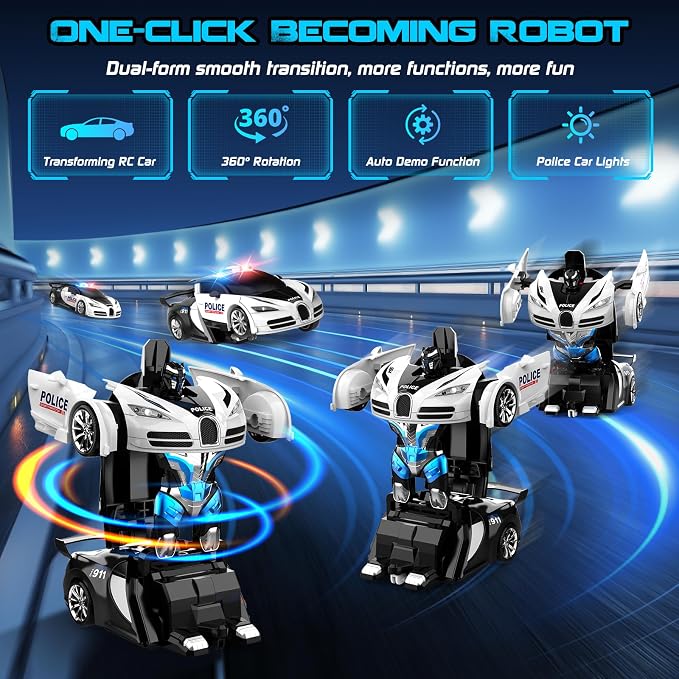 Remote Control Car, One-Click Becoming Robot Transforming Toys Car for Boys, Smooth Deformation, Demo Mode, 360° Rotation, Easy to Use, 2.4GHZ, LED Light, RC Cars for Christmas, Kids, White