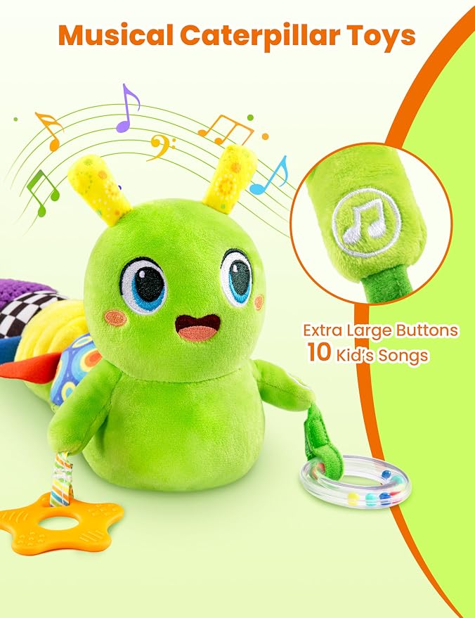 GoGonova Musical Caterpillar Baby Sensory Toy for Infant Development 0-12 Months – Newborn Bath, Car Seat, Stroller & Bassinet Activity Toy & Gift – Tummy Time Crawler & Teether(Green)