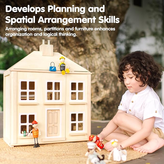 PlanToys® Wooden Georgian Dollhouse | 2-Storey House with Opening Door & Front Panels, Chimney & Staircases | Montessori Pretend Play House Compatible with 1:12 Scale Furniture & Wooden Dolls