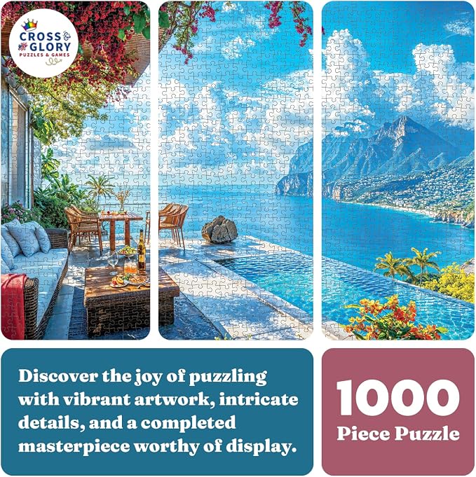 Cross & Glory - Patio by the Sea - 1000 Piece Jigsaw Puzzle for Adults | Serene Coastal Patio and Ocean View Puzzle | Challenging Puzzle for Adults | Eco-Friendly Materials