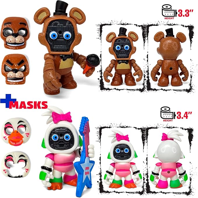 Set 12 pcs Inspired by Game Five Night at Freddys Toys | Mini Figures Collection with Masks | FNAF Action Figure [Rockstar Bonnie, Montgomery Gator, Chica, Human Security, Radioactive Foxy etc.]
