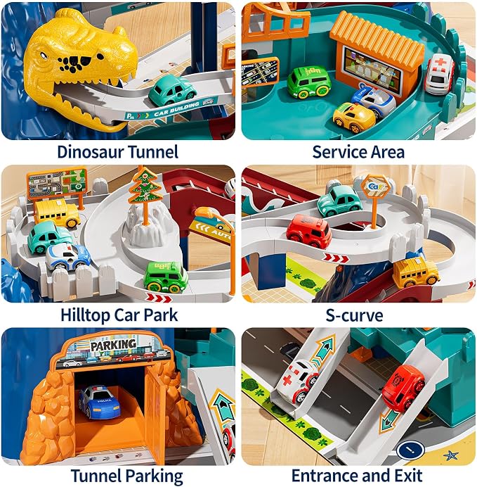NIPLOOOW Dinosaur Race Track Playset for Boys Kids 3-5, Dinosaur Climbing Hills Car Track Play Set with 10 Mini Racer Cars, Kids Car Ramp Track Toys for 3 4 5 6 7 8 Year Old Boys Girls