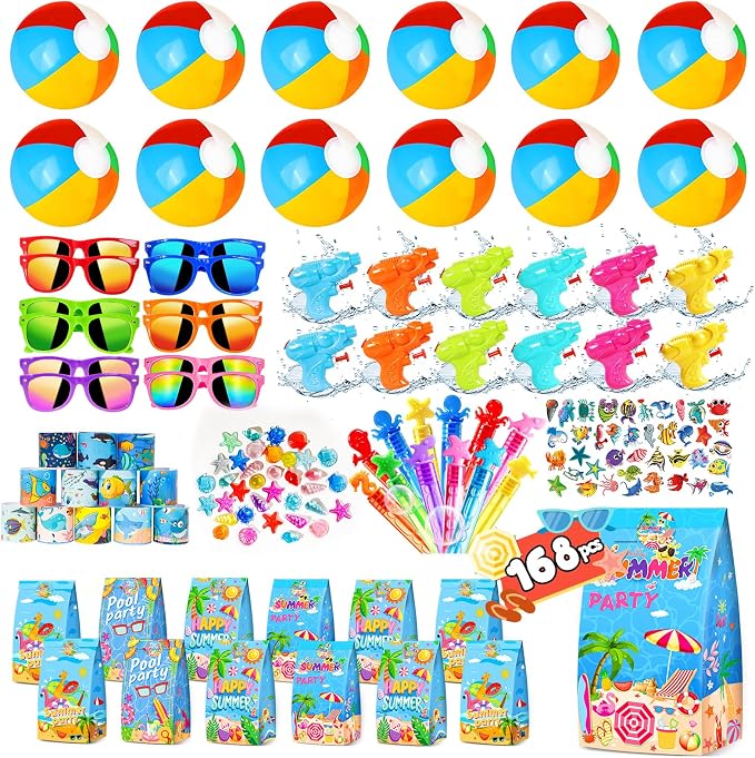 Pool Party Favors and Beach Party Favors 168pcs Summer Party Toys for Kids,Including Beach Balls, Sunglasses, Bubble Wands Party Supplies for Summer Birthday Ages 4-8 8-12