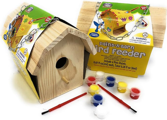 Matty's Toy Stop Paint-A-Barn Wooden Birdhouse & Bird Feeder (Includes Paints & Brushes) Gift Set Bundle - 2 Pack
