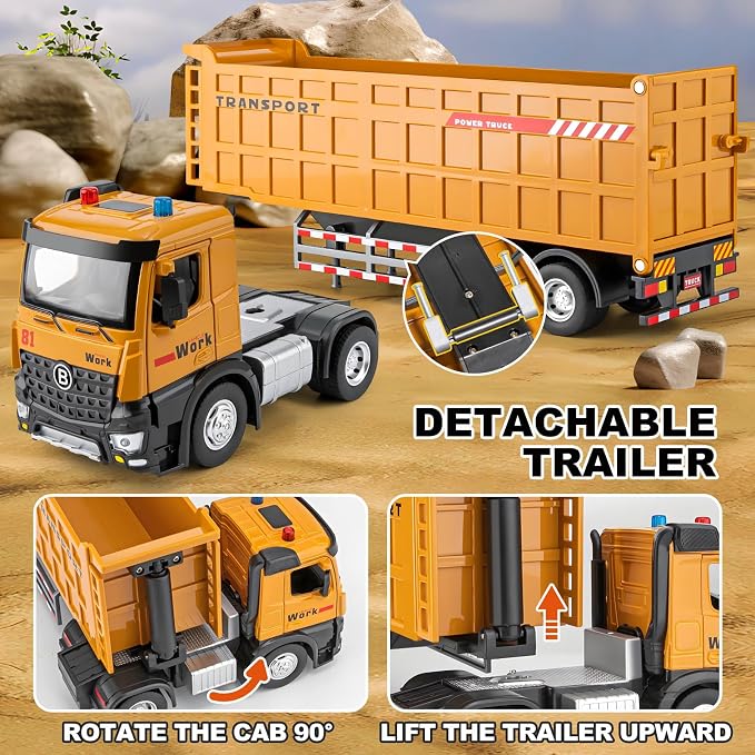 HAPYAD Dump Truck Toy Metal Cab, Big Trucks for Toddlers Boys 3-5, 16.5" | Large Semi Truck, Lights and Sounds, Friction Powered, Trucks for Toddlers 1-3 Boys, Diecast Construction Toys