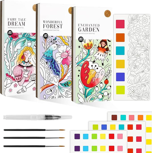 JCREN Watercolor Painting Books, Pocket Watercolor Painting Coloring Kit, Paint with Water Bookmarks Travel Activity Party Favors for Kids Toddlers Gifts for Boys and Girls, 3 Pack