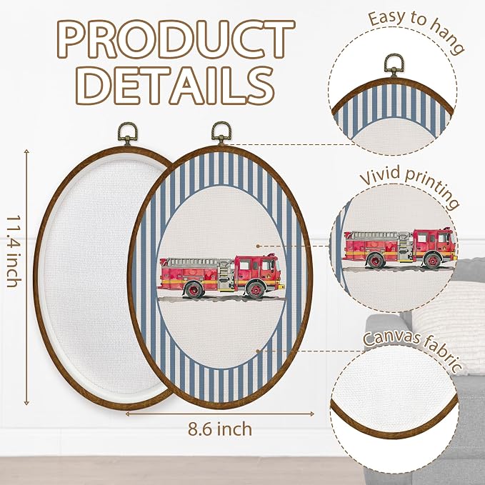 WULQYING Boy Nursery Fire Truck Car Wall Art Decor, Kids Room Oval Framed Canvas Art Prints, Blue Striped Fire Engine Wall Hanging Decor for Kids Boys Toddler Room Bedroom Playroom, 8.6x11.4 Inches