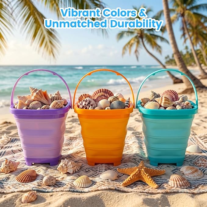Shindel 3Set Collapsible Beach Buckets, Foldable Sand Toys, for Kids Toddlers Outdoor Activities, Beach Fun Summer Vacation, Camping Gear, Travelling