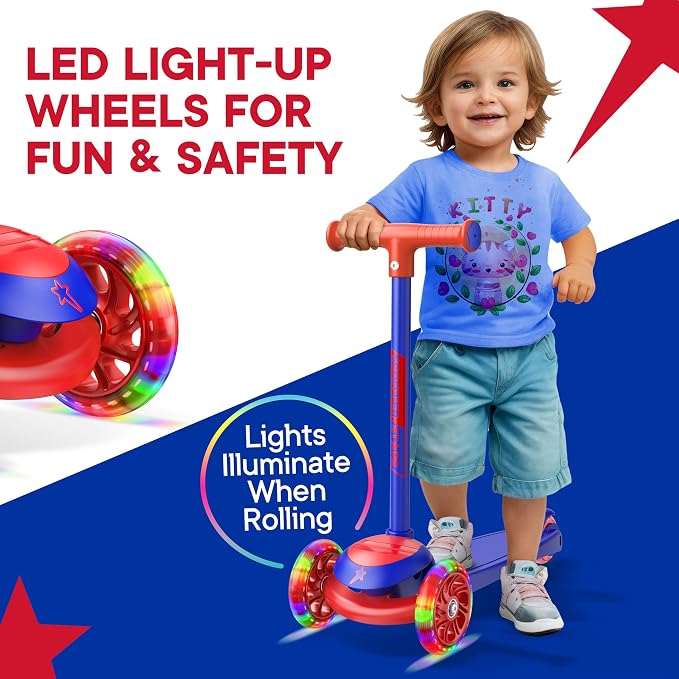 3 Wheel Scooter for Kids, Smooth Light Up LED Front Wheels, Wide Anti Slip Deck, Rear Foot Brake, Easy Lean to Steer Maneuvering, Indoor & Outdoor Ride On Toys for Ages 2 Up,