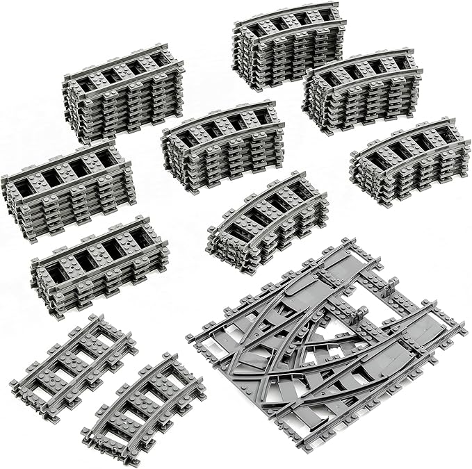 MANNIDOO Classic City Train Tracks, 54 Pieces Railroad Track with 32 Curved, 20 Straight and 2 Switch Train Tracks, Train Expansion Accessories Compatible with All Major Train Tracks