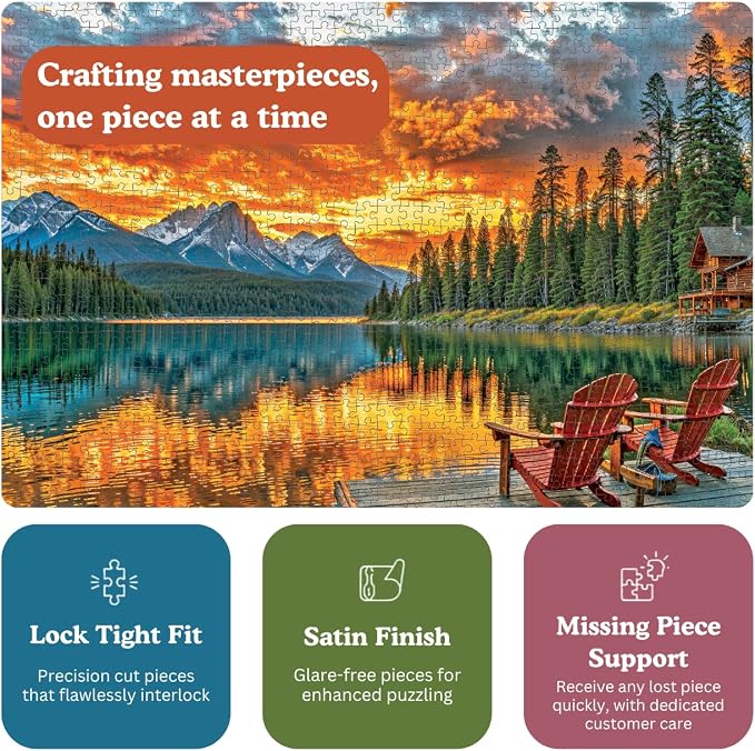 Cross & Glory - Dockside Reflections - 1000 Piece Jigsaw Puzzle for Adults | Tranquil Sunset Lake Scene | Challenging Puzzle for Adults | Eco-Friendly Materials for Nature Lovers