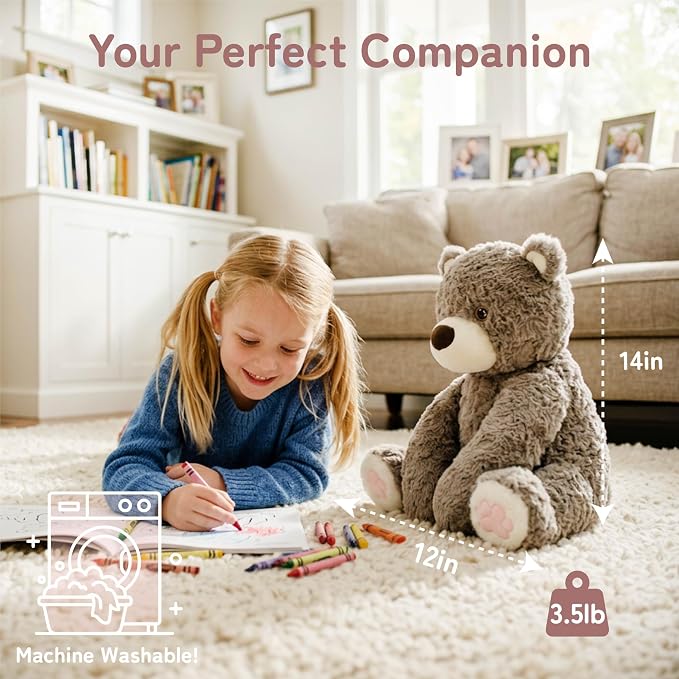 Niuniu Daddy 14" | 3.5 Pound Teddy Bear Weighted Stuffed Animals for Kids Adults, Sitting Brown Teddy Bear Weighted Plushies Toy, Calming Sleeping Body Pillow Huggable Gift for Christmas Holiday