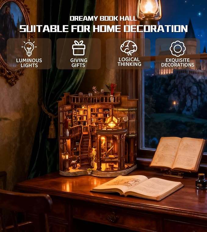 Roroom DIY Miniature House Kit, Dreamy Book Hall Book Nook Kit | Wooden 3D Puzzles for Adults with LED, Bookshelf, Desk and Bedside Room Decor, Relaxing Craft Project, Creative Gift