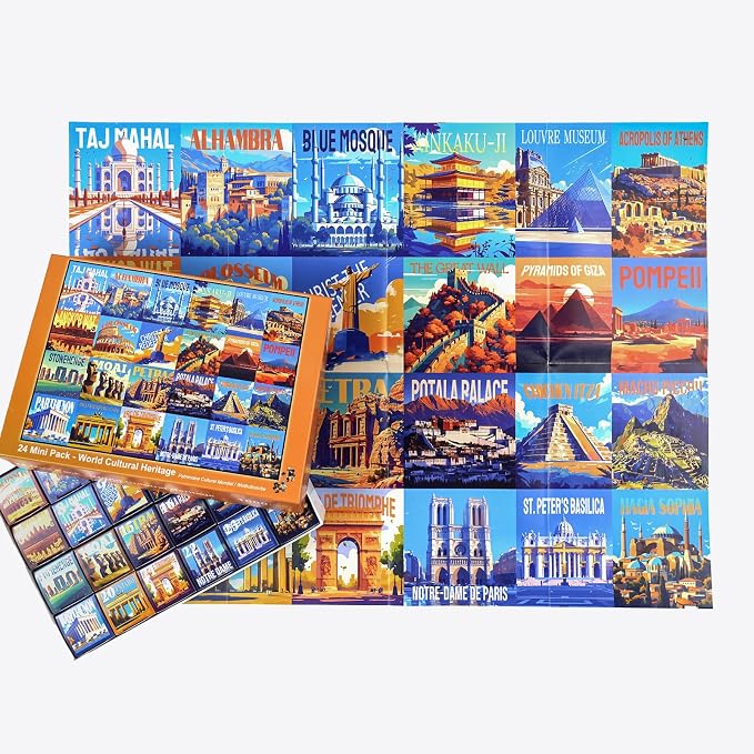 rokt&razo, World Heritage, 24 Mini Pack Jigsaw Puzzles, 1000 Pieces Daily Challenge Pack with Reference Poster, Advent Calendar, Family Game Nights, Finish Size 27.5 * 19.7 in (Index on the Back)