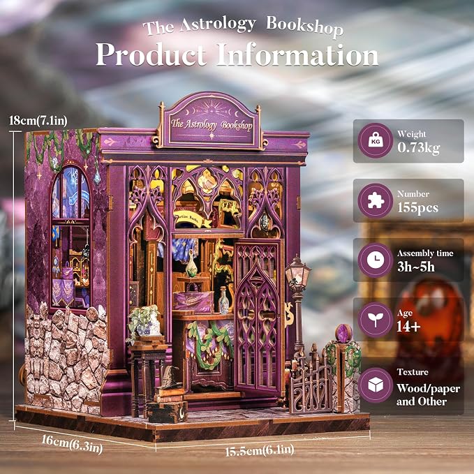 Fsolis Book Nook Kit, DIY Miniature House Kit for Adults & Beginners Booknook Bookstore Bookshelf 3D Wooden Puzzle Bookshelf Decor Gifts for Women Teenagers (The Astrology Bookshop)