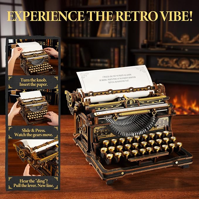 ROBOTIME 3D Wooden Vintage Typewriter Puzzle, Mechanical Moving Model LK703B, Functional Simulated Typing, Retro Desk Home Decor, Challenging Handcraft Gift for Adults Hobbyists 320 PCS