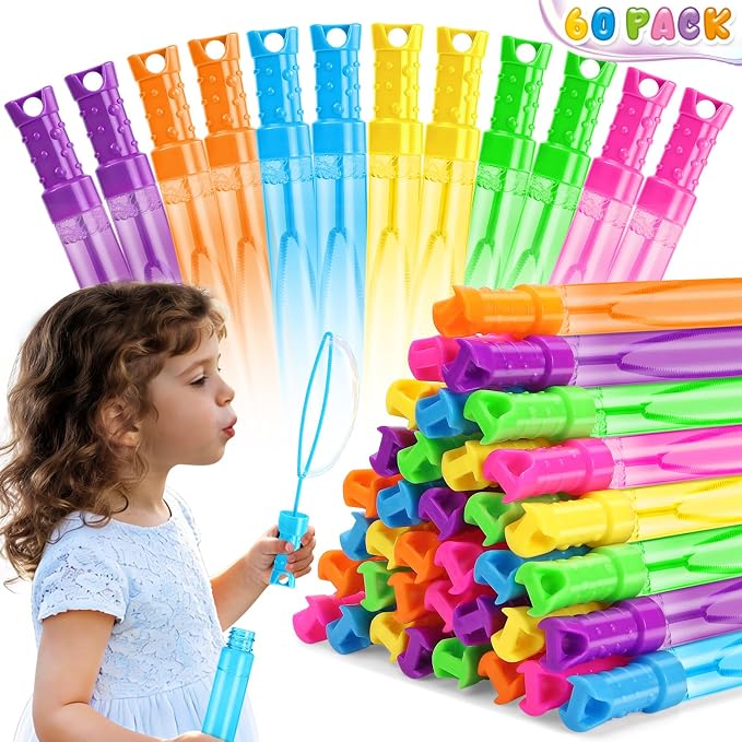 Bubble for Kids, 2OZ Bubble Wands Bulk for Kid Party Favors, Summer Toys, Indoor & Outdoor Activities, Birthday, Carnival Prizes, Wedding, Goodie Bags, 60 Pcs, 6 Assorted Colors