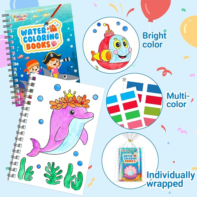 FEREDO KIDS 24 Pack Coloring Books Party Favors - Bulk Mini Water Coloring Books for Kids, No Mess, Screen Free Activities, Birthday Goodie Bags Stuffers Easy for Toddlers Classroom Prizes (Ocean)
