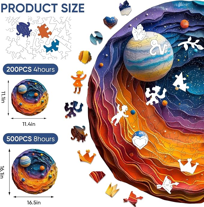Mys Aurora Space Puzzles for Adults 500 Pieces, Unique Shapes Solar System Jigsaw Puzzles, 3D Visual Effect Planet Wooden Puzzles, Family Puzzle Games Birthday Gift, 16.5 x 16.2 Inches