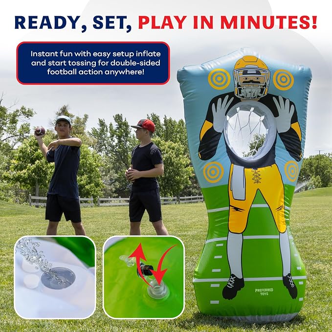 Preferred Toys 65” Inflatable Football Target Net Toss Game - Double-Sided Throwing Practice Football Stuff with Mini Balls - Backyard Tailgate Party Sports Toy for Kids & Adults