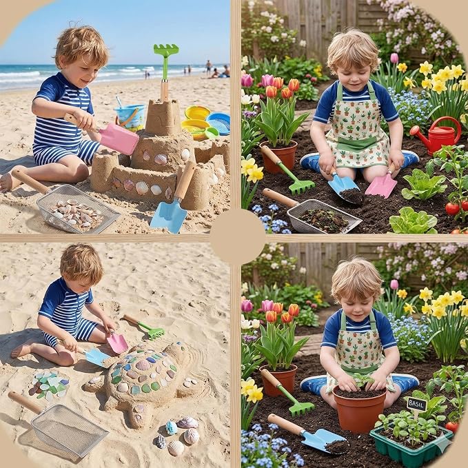 Beach Sand Toys for Kids Toddlers, Beach Mesh Shovel Rake Set with Sifter & Shell Clipping Tongs, Travel Mesh Scooper for Digging, Sifting Collecting Shells, Shark Tooth Sifter Dipper for Boys Girls