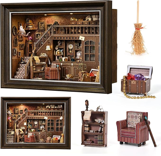 Book Nook Kit-3D Wooden Puzzle with LED Touch Control & Wall-Mountable Frame,DIY Miniature House for Beginners,Bookshelf/Tabletop/Wall Decor for Craft Lovers,Dollhouse Gift,Secret Attic