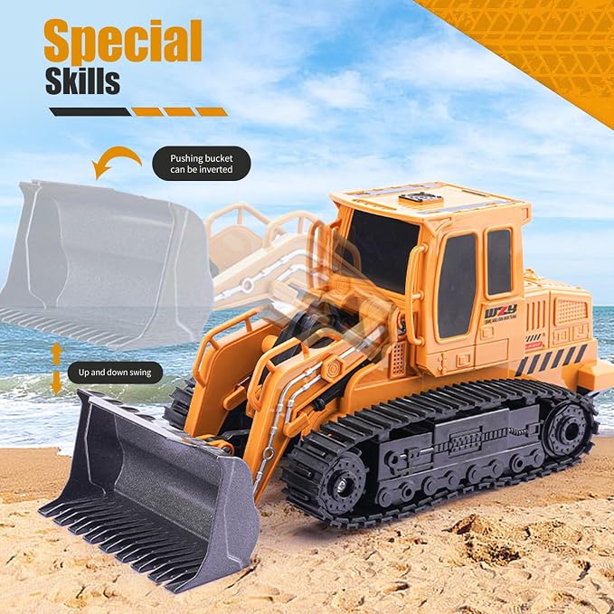 Jiakora Remote Control Front Loader - Metal Shovel, LED Working Lights, Music & 2 Rechargeable Batteries, Construction Toys for Boys Age 4 5 6 7 8 Birthday Gift