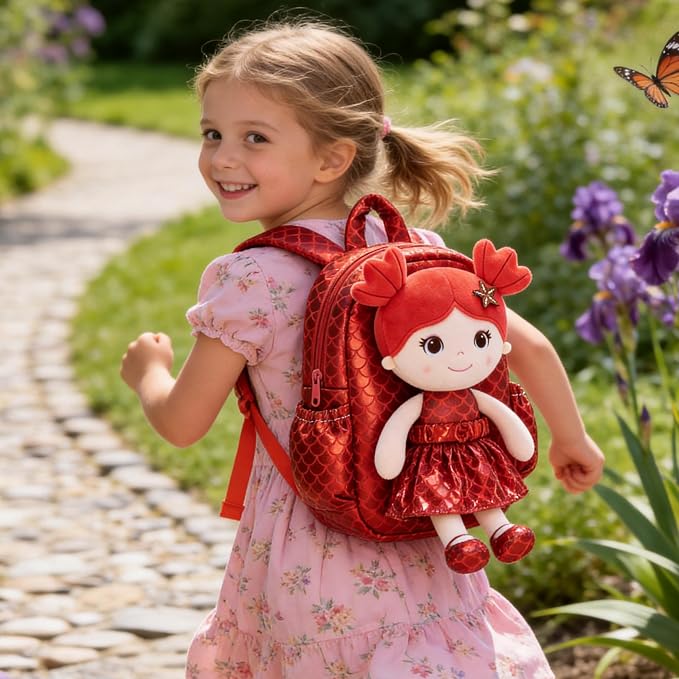 Lazada Toddler Backpack - Baby Girl Gifts Plush Doll Dress Backpack - Fashion Girls Tina Fish Scale Series - Red 11 Inches