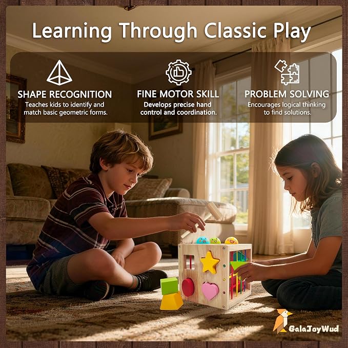 Wooden Activity Cube for Baby,Shape Sorters for Toddlers 1-3, Developmental Toy, Hammer Pounding & Sensory Blocks, Gift for Boys and Girls