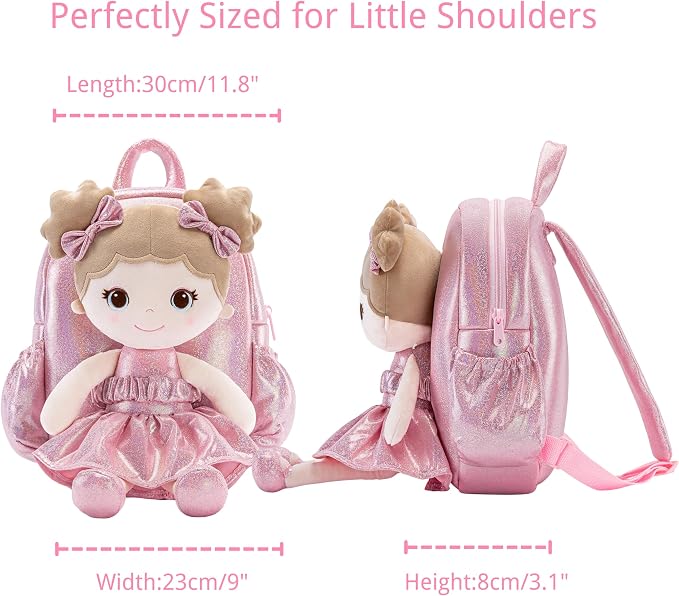 Lazada Toddler Backpack - Baby Girl Gifts Curly Fingerprints Plush Doll Dress Backpack - Fashion Girls Curly Rolled Fingerprints Series - Apricot Pink 11 Inches