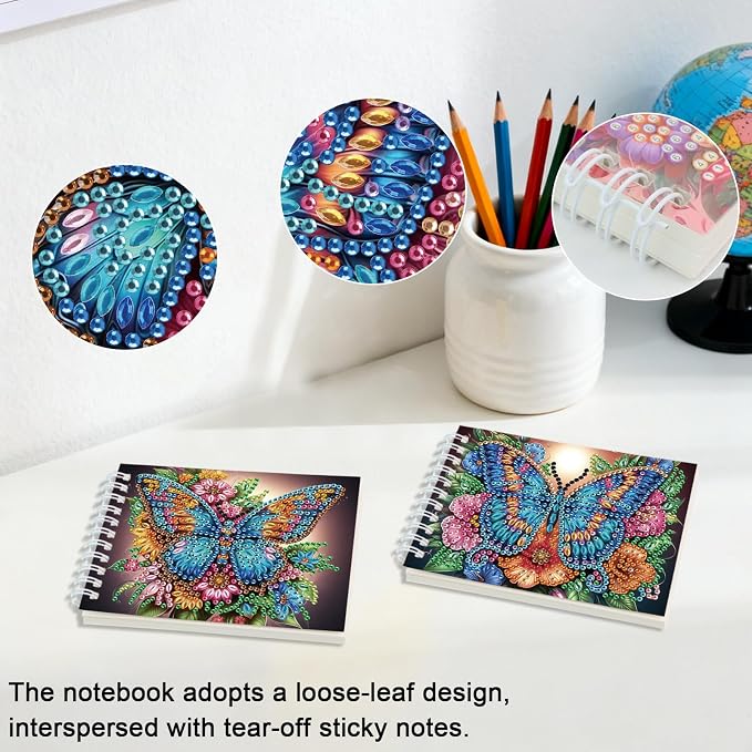 2 Pcs Butterfly Diamond Painting Notebook 80 Pages for Adults,Diamond Art Journal and DIY Sketchbook, Diamonds Art Kit Supplies,Gift for Beginners, Craft Lovers, Artists. (Butterfly)
