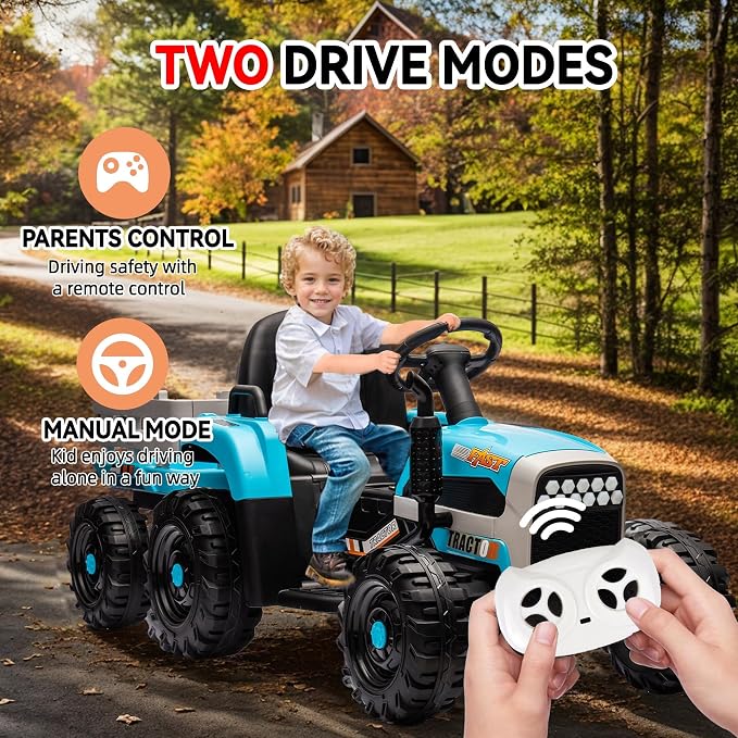 24V Ride on Tractor with Trailer, 400W Electric Car for Kids, Toddler Ride On Toy W/Remote Control, 3 Speed Adjustable, MP3, Bluetooth, LED Light, Blue