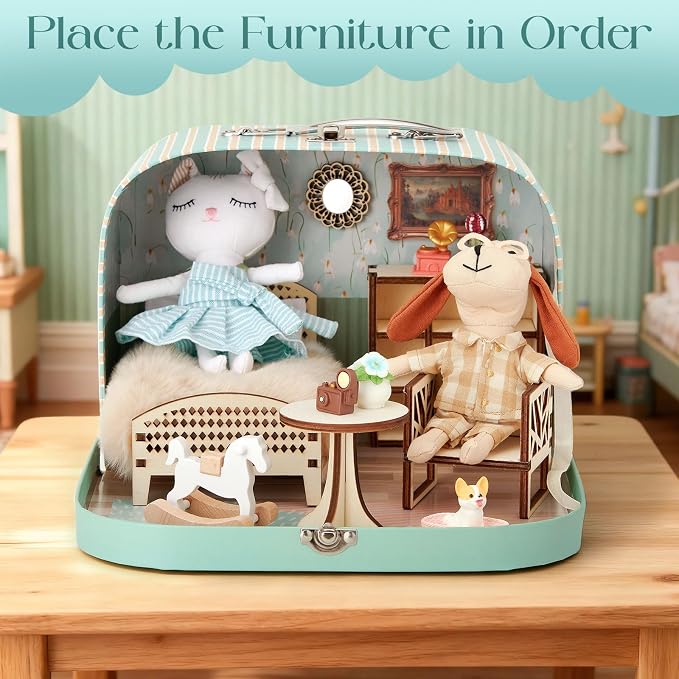 TUZT Portable Dollhouse Suitcase for Ages 3-8, Foldable Bedroom Playset with 21 Wooden Furniture, Cute Animal Dolls & Accessories, Travel-Friendly Pretend Play Toy