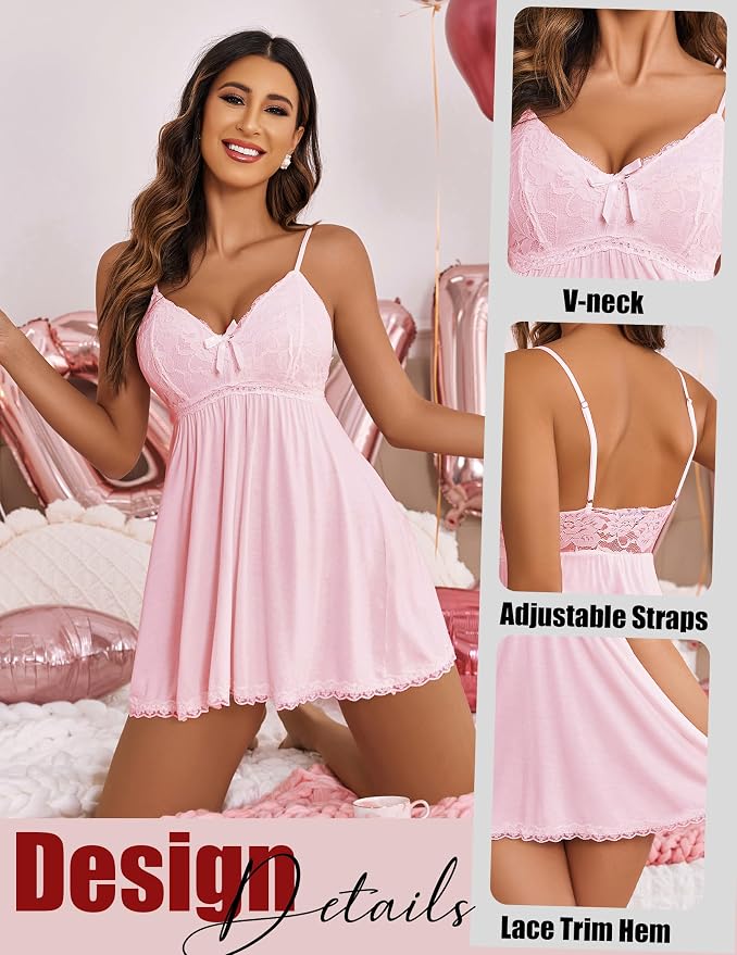 Avidlove Women Nightgown Sexy Sleepwear Lace Chemise V-neck Modal Babydoll Lounge Dress