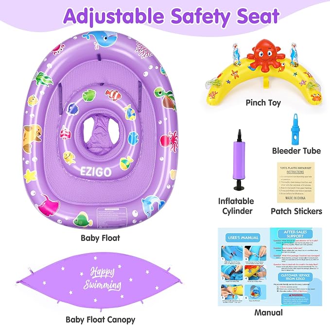 EZIGO Baby Pool Float with Canopy UPF50+ Sun Protection, Inflatable Kids Pool Floats with Ocean Animal Toys for Baby 6-36 Months, Infant Swimming Float with Adjustable Safety Seat for Boys Girls