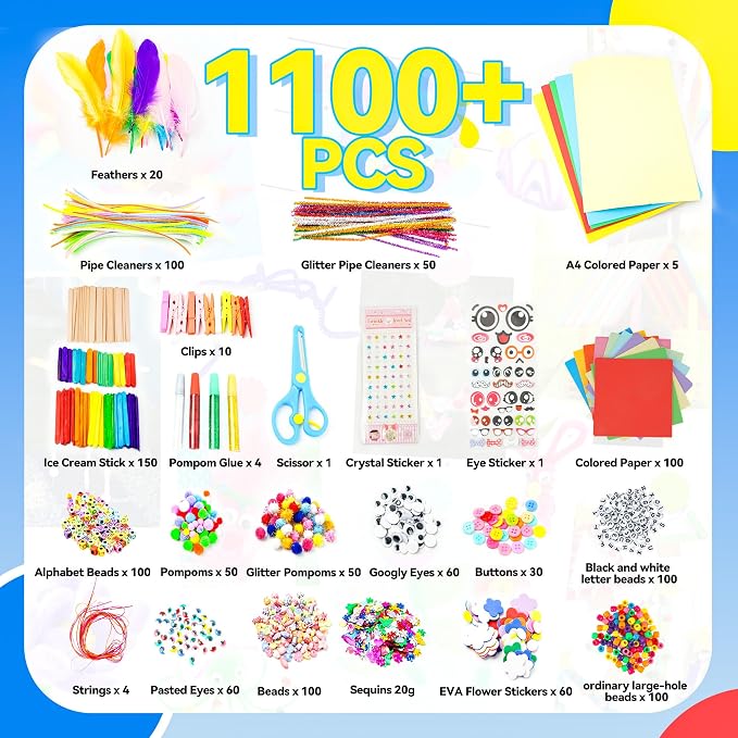 SMILESSKIDDO Arts Craft Supplies for Kids - 1100+ PCS Toddler DIY Craft Art Supply Set, Portable 3 Layered Folding Storage Box School Craft Projects - Gifts for Girls Ages 4-8, 8-12, Purple